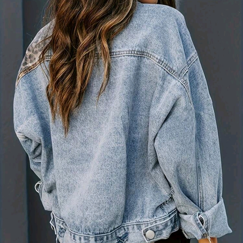Buttoned Vintage Leopard Print Denim Jacket, Washed Long Sleeved Ripped Jacket - Picture 4 of 5